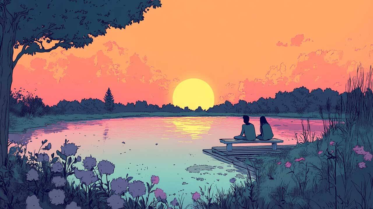 deux adolescents au bord du lac avec le coucher du soleil