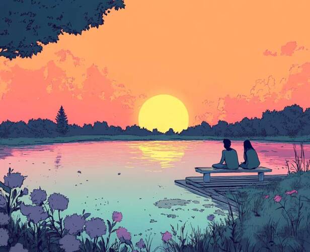 deux adolescents au bord du lac avec le coucher du soleil