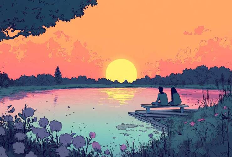 deux adolescents au bord du lac avec le coucher du soleil