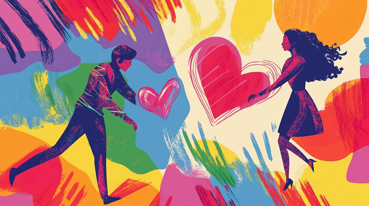 un homme et une femme amoureux dans un paysage coloré