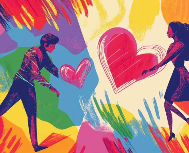 un homme et une femme amoureux dans un paysage coloré