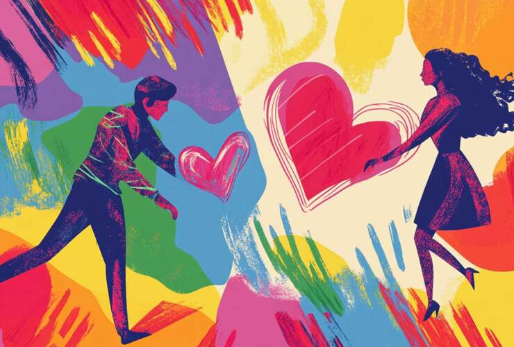 un homme et une femme amoureux dans un paysage coloré