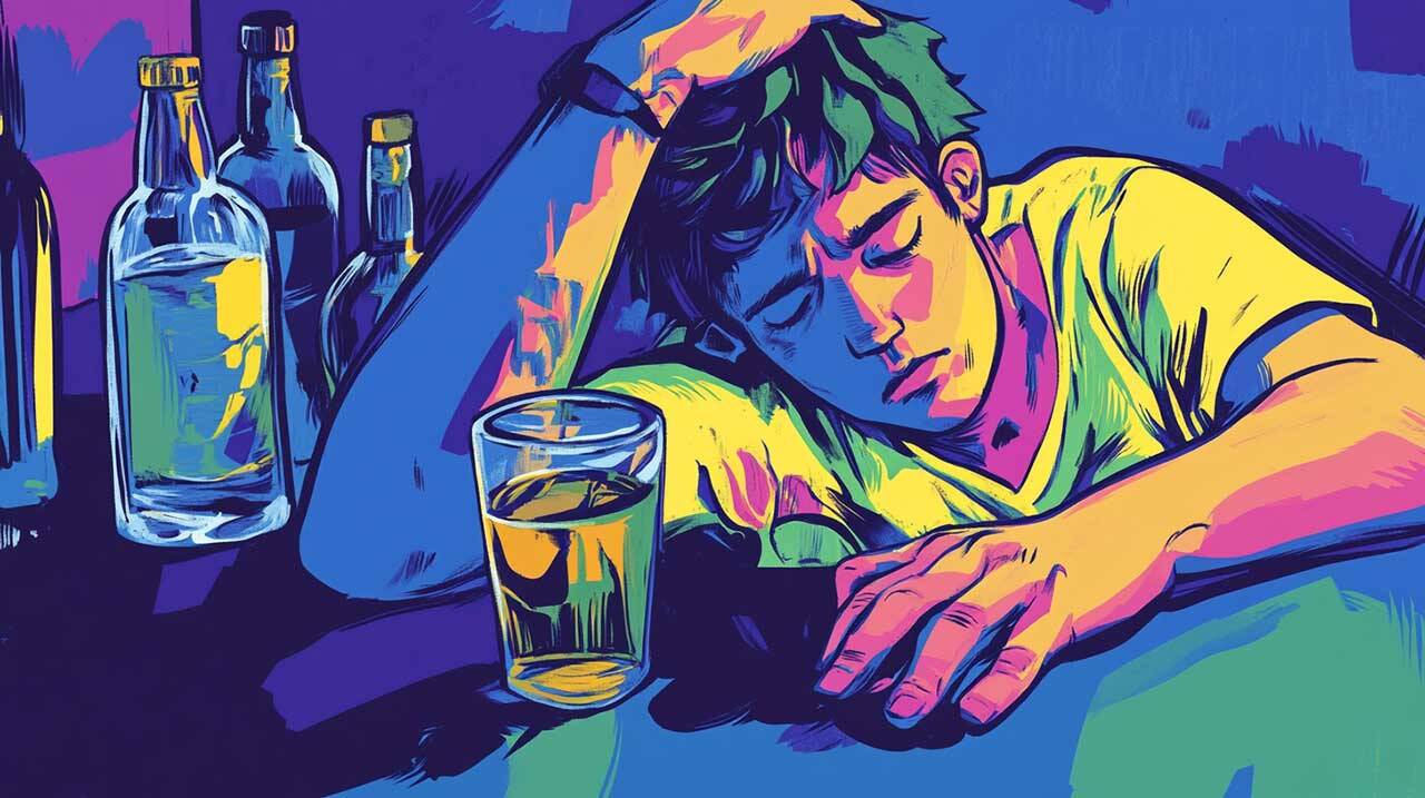 un dessin graphique de style cartoon représentant un adolescent ivre